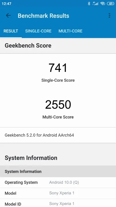 Sony Xperia 1 poeng for Geekbench-referanse