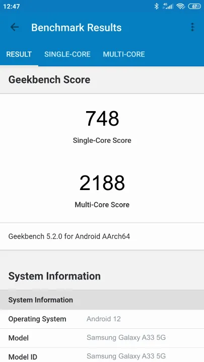 Pontuações do Samsung Galaxy A33 5G 6/128GB Geekbench Benchmark
