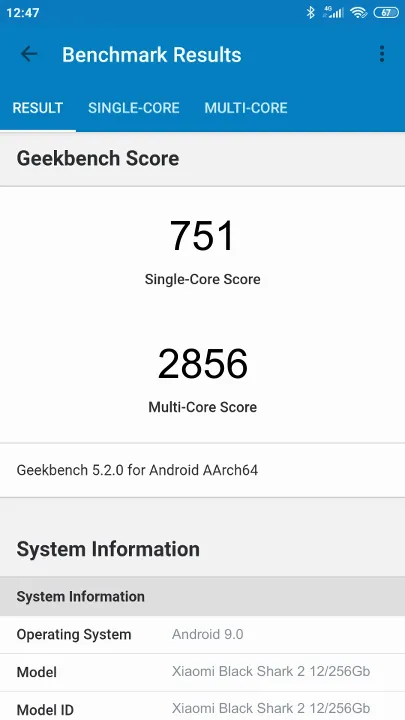 Xiaomi Black Shark 2 12/256Gb的Geekbench Benchmark测试得分