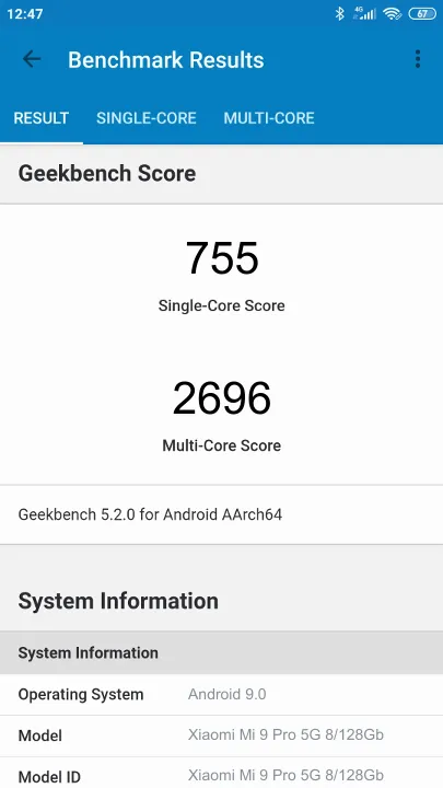 Pontuações do Xiaomi Mi 9 Pro 5G 8/128Gb Geekbench Benchmark