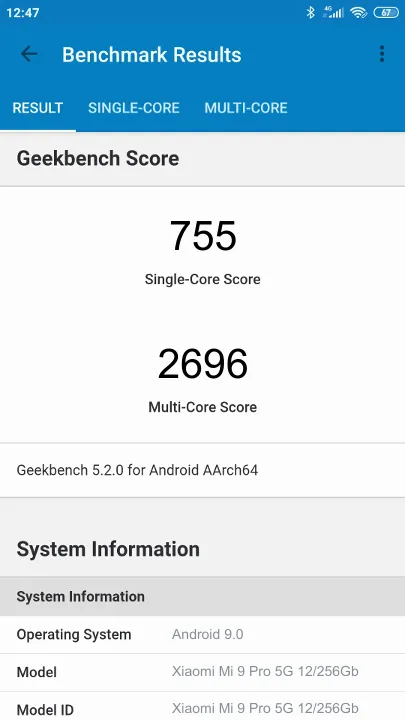 Punteggi Xiaomi Mi 9 Pro 5G 12/256Gb Geekbench Benchmark