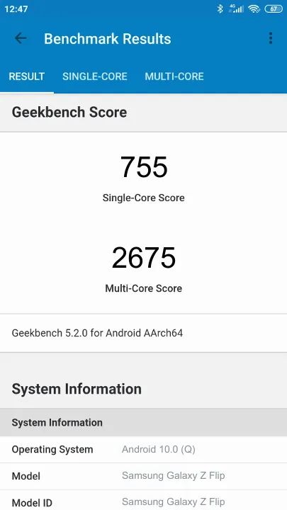Wyniki testu Samsung Galaxy Z Flip Geekbench Benchmark