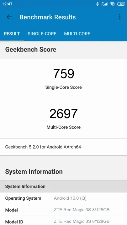 ZTE Red Magic 3S 8/128GB Geekbench benchmark score results