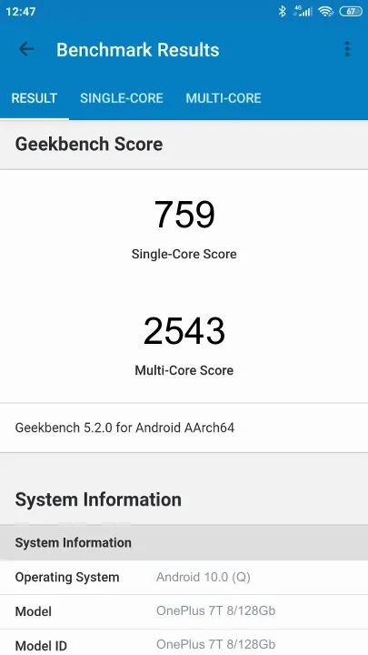 Pontuações do OnePlus 7T 8/128Gb Geekbench Benchmark