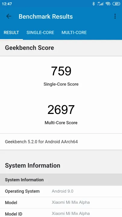 Xiaomi Mi Mix Alpha Geekbench benchmark score results