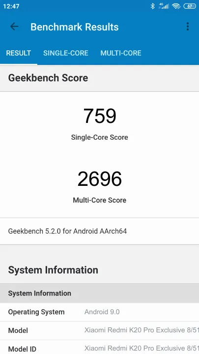 Xiaomi Redmi K20 Pro Exclusive 8/512Gb Geekbench benchmark: classement et résultats scores de tests