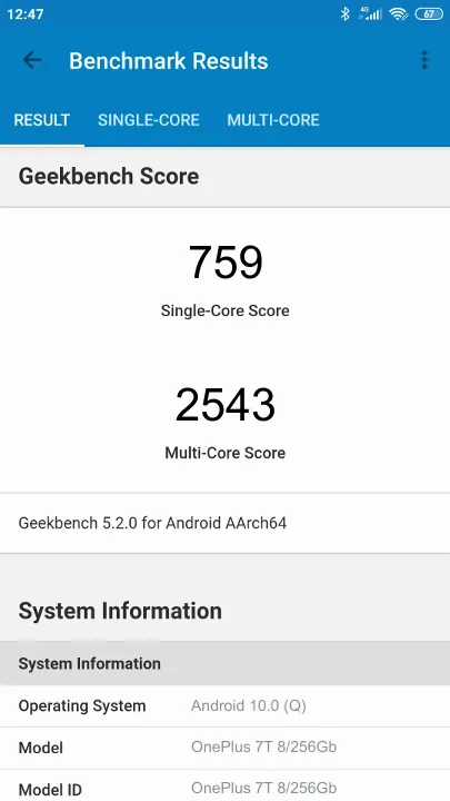 Pontuações do OnePlus 7T 8/256Gb Geekbench Benchmark