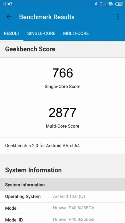 Huawei P40 8/256Gb Geekbench benchmark: classement et résultats scores de tests