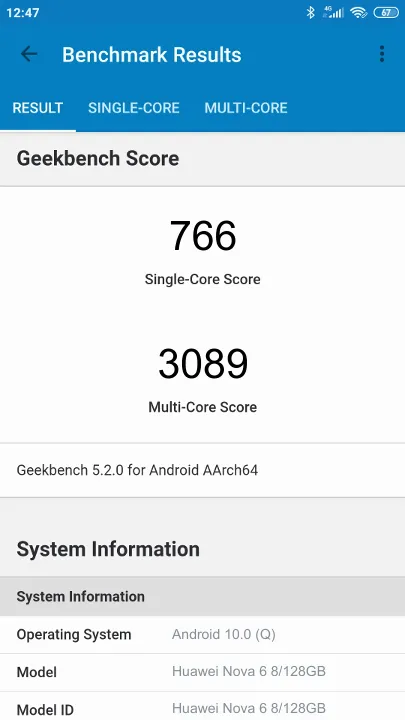 Wyniki testu Huawei Nova 6 8/128GB Geekbench Benchmark