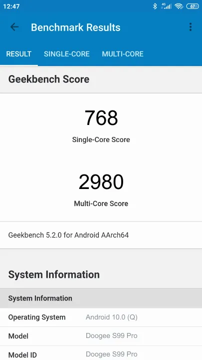 Doogee S99 Pro Geekbench benchmark: classement et résultats scores de tests