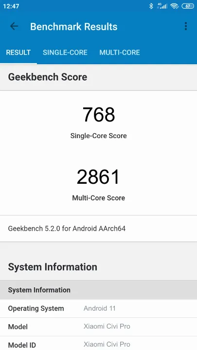 نتائج اختبار Xiaomi Civi Pro Geekbench المعيارية