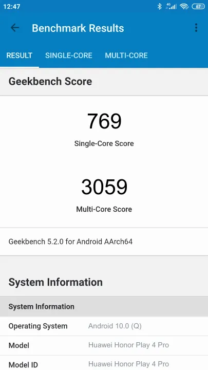 Huawei Honor Play 4 Pro的Geekbench Benchmark测试得分