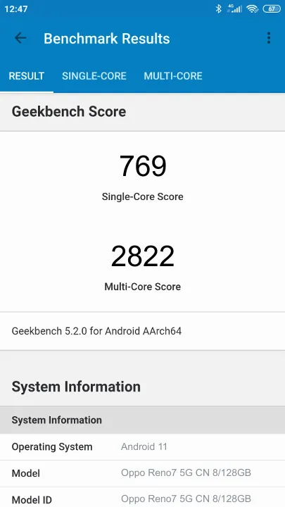 Oppo Reno7 5G CN 8/128GB Geekbench benchmark: classement et résultats scores de tests