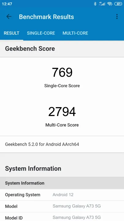 Samsung Galaxy A73 5G 6/128GB Geekbench benchmark score results