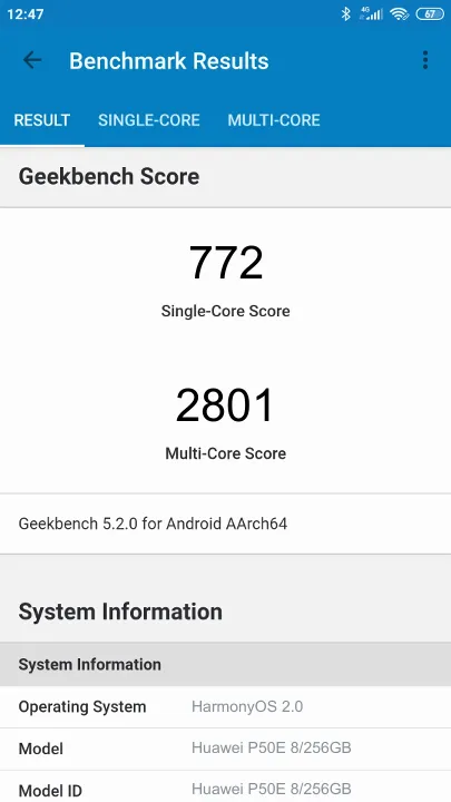 Pontuações do Huawei P50E 8/256GB Geekbench Benchmark