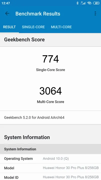 Pontuações do Huawei Honor 30 Pro Plus 8/256GB Geekbench Benchmark