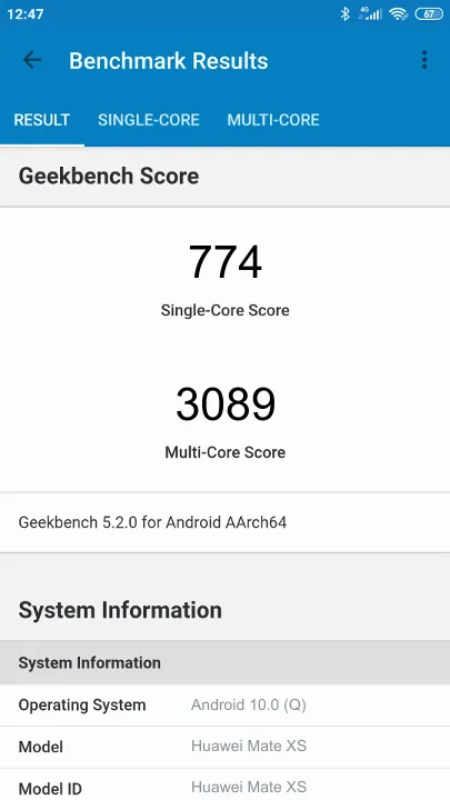 Huawei Mate XS Geekbench benchmarkresultat-poäng