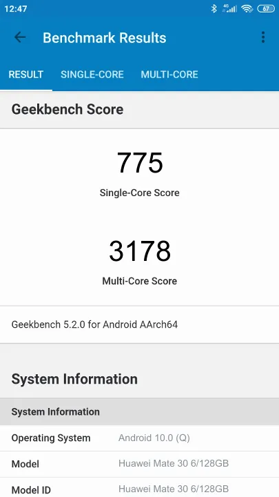 Βαθμολογία Huawei Mate 30 6/128GB Geekbench Benchmark