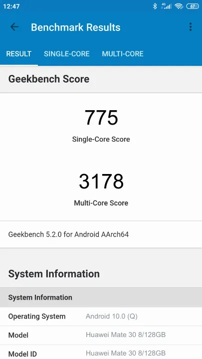 Punteggi Huawei Mate 30 8/128GB Geekbench Benchmark