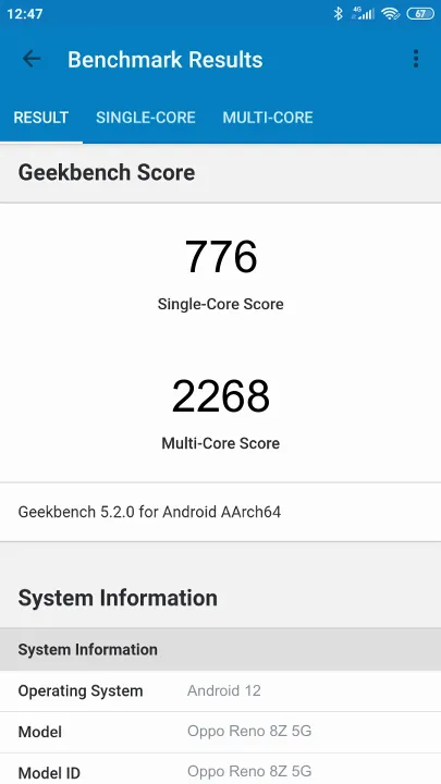 Oppo Reno 8Z 5G Geekbench benchmark score results
