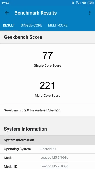 Leagoo M5 2/16Gb Geekbench benchmark: classement et résultats scores de tests