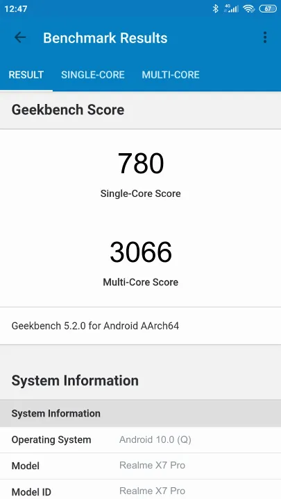 Wyniki testu Realme X7 Pro Geekbench Benchmark