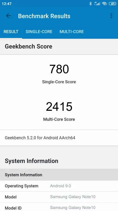 Pontuações do Samsung Galaxy Note10 Geekbench Benchmark