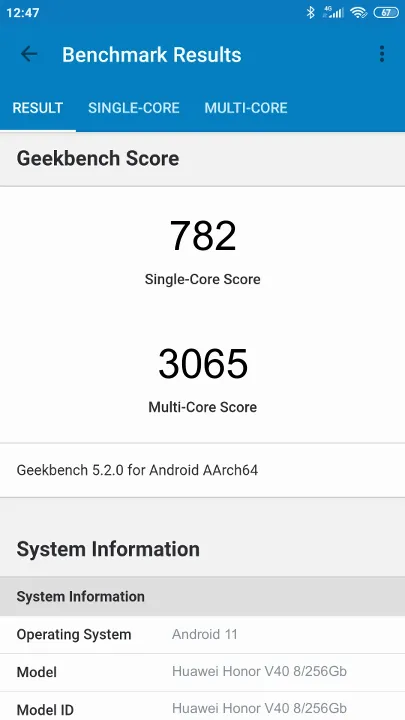 Wyniki testu Huawei Honor V40 8/256Gb Geekbench Benchmark