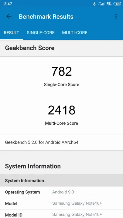 Pontuações do Samsung Galaxy Note10+ Geekbench Benchmark