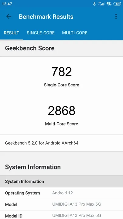 Wyniki testu UMIDIGI A13 Pro Max 5G Geekbench Benchmark
