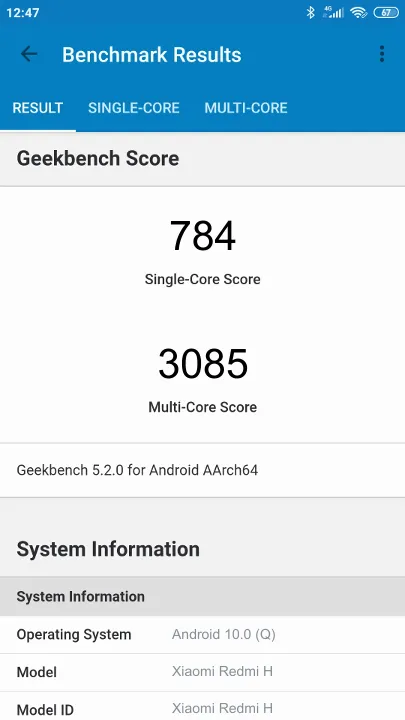 Wyniki testu Xiaomi Redmi H Geekbench Benchmark