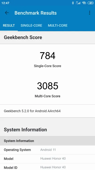 Pontuações do Huawei Honor 40 Geekbench Benchmark