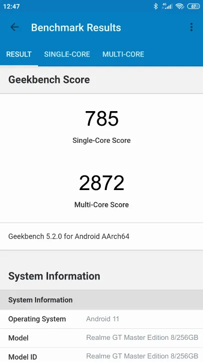 Realme GT Master Edition 8/256GB Geekbench benchmark score results