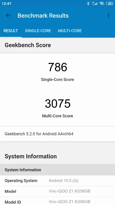 Βαθμολογία Vivo iQOO Z1 8/256GB Geekbench Benchmark