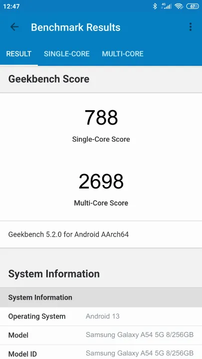 نتائج اختبار Samsung Galaxy A54 5G 8/256GB Geekbench المعيارية