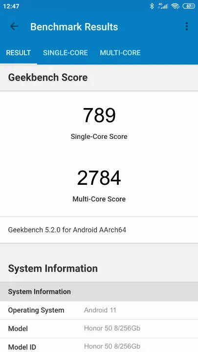 Honor 50 8/256Gb Geekbench benchmark score results