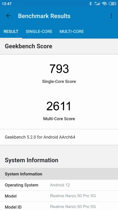 Realme Narzo 50 Pro 5G 6/128GB的Geekbench Benchmark测试得分