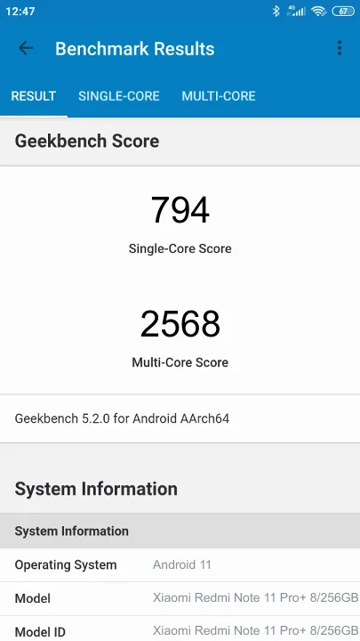 Pontuações do Xiaomi Redmi Note 11 Pro+ 8/256GB Geekbench Benchmark