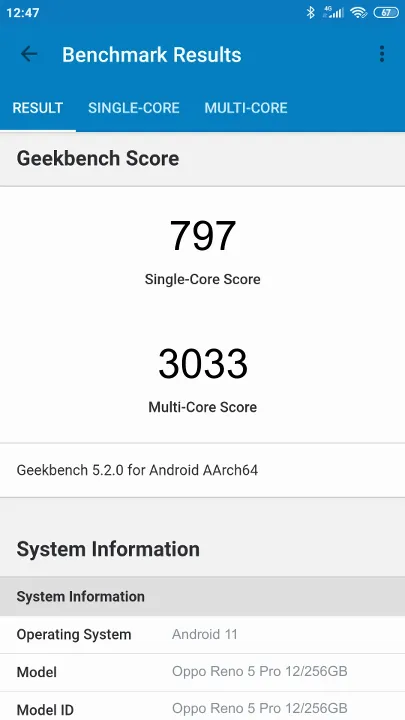 Oppo Reno 5 Pro 12/256GB Geekbench benchmark score results