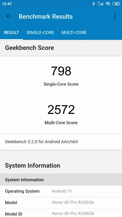 Honor 60 Pro 8/256Gb的Geekbench Benchmark测试得分