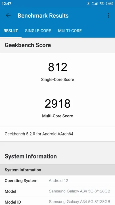 Samsung Galaxy A34 5G 8/128GB תוצאות ציון מידוד Geekbench
