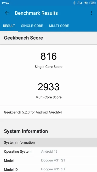 Doogee V31 GT Geekbench benchmark score results