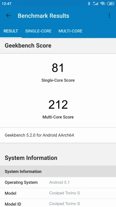 Coolpad Torino S Geekbench benchmark ranking