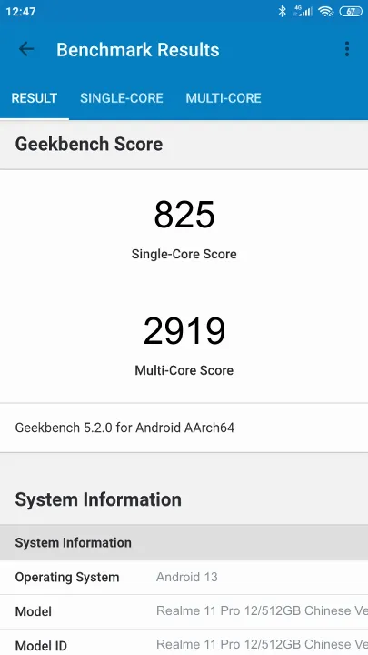 Realme 11 Pro 12/512GB Chinese Version Geekbench benchmark: classement et résultats scores de tests