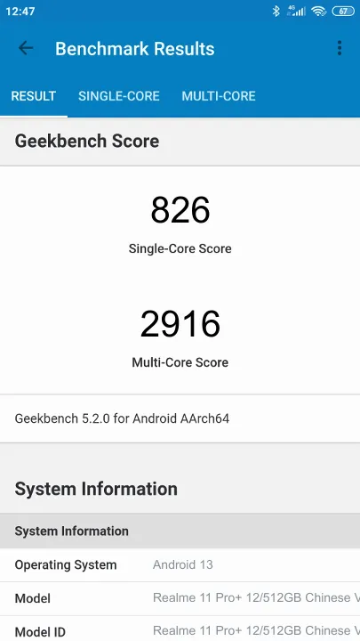 Wyniki testu Realme 11 Pro+ 12/512GB Chinese Version Geekbench Benchmark