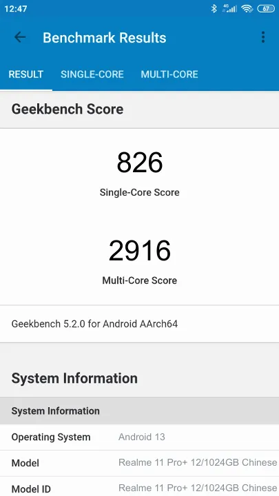 Punteggi Realme 11 Pro+ 12/1024GB Chinese Version Geekbench Benchmark
