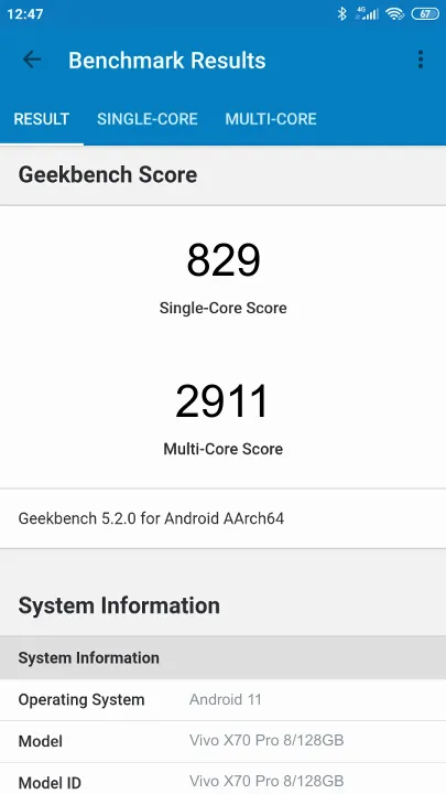 Βαθμολογία Vivo X70 Pro 8/128GB Geekbench Benchmark