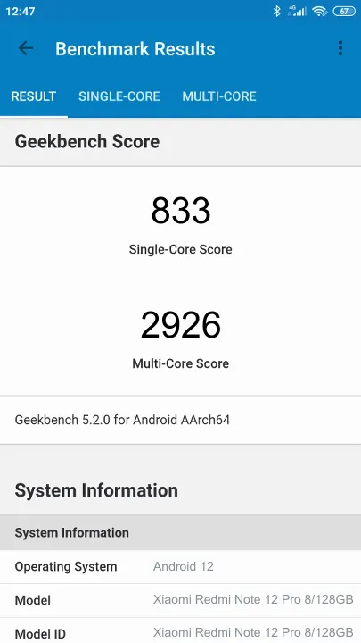 Wyniki testu Xiaomi Redmi Note 12 Pro 8/128GB Geekbench Benchmark