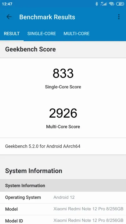 Test Xiaomi Redmi Note 12 Pro 8/256GB Geekbench Benchmark