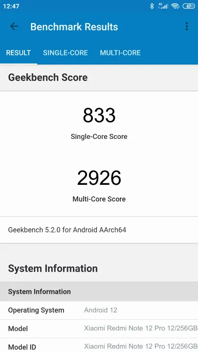 Skor Xiaomi Redmi Note 12 Pro 12/256GB Geekbench Benchmark